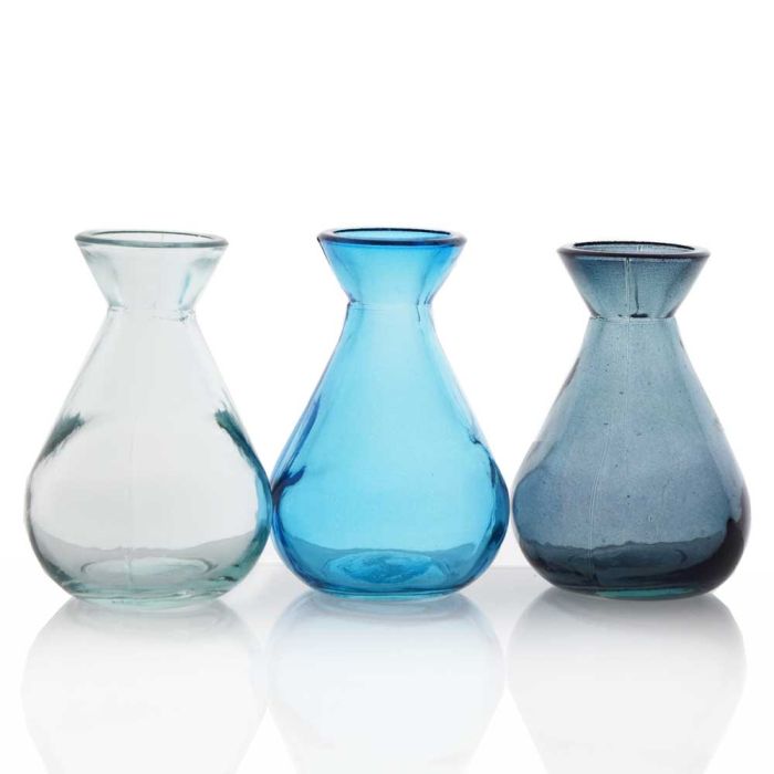 Grehom Recycled Glass Bud Vase - Classic (Azure); 10 cm Vase; Set of 3 Multi-coloured Vases