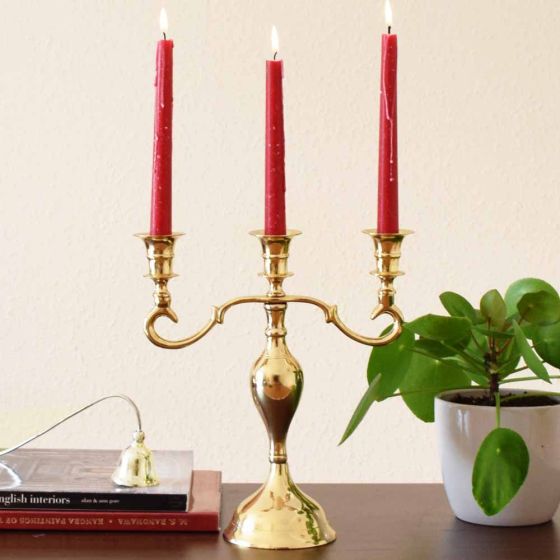 Antique Golden; 19cm Candle Holder; Made from solid brass Grehom 3 Arm Candelabra 